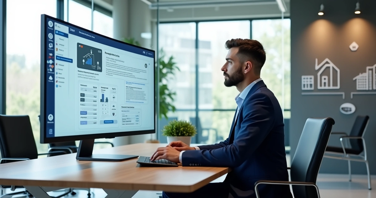 Corretor imobiliário acompanhando assistente virtual de IA atendendo cliente em tela de computador 