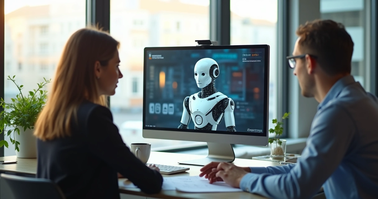 Atendente de imobiliária com tela de chatbot de IA junto a cliente consultando fichas 