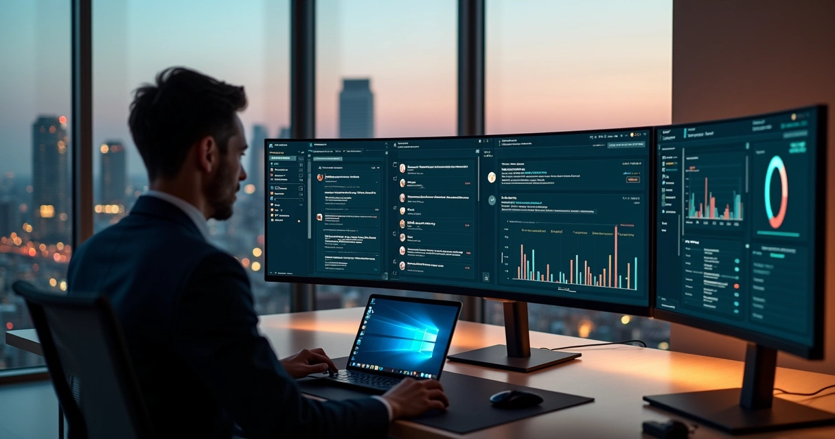Corretor imobiliário acompanhando conversa automática de IA com cliente em tela gigante 