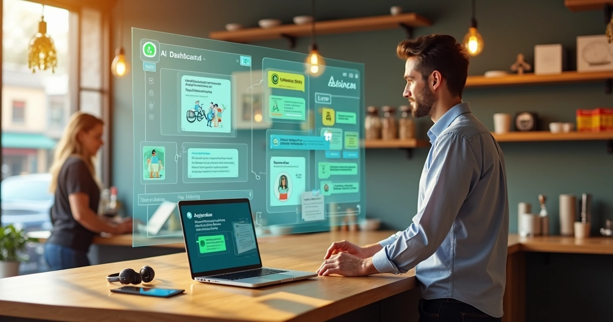 Empresário em loja pequena usando painel de IA para organizar atendimento ao cliente 