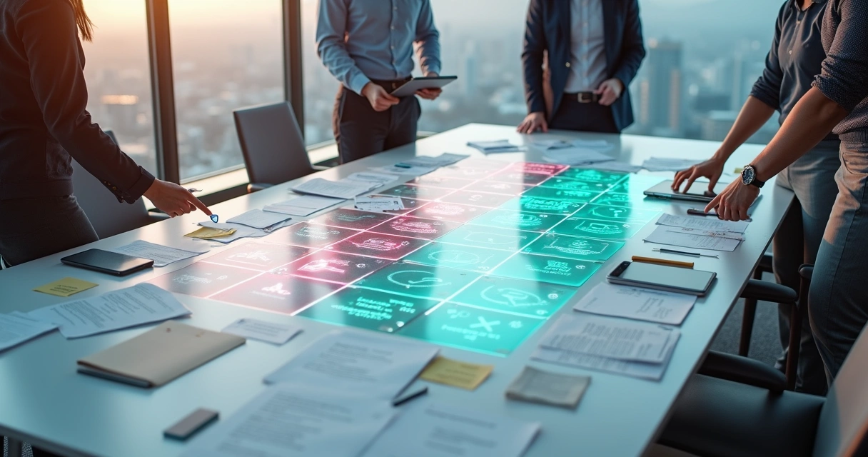 Equipe avalia grande mesa com fluxo de atendimento manual e automatizado 