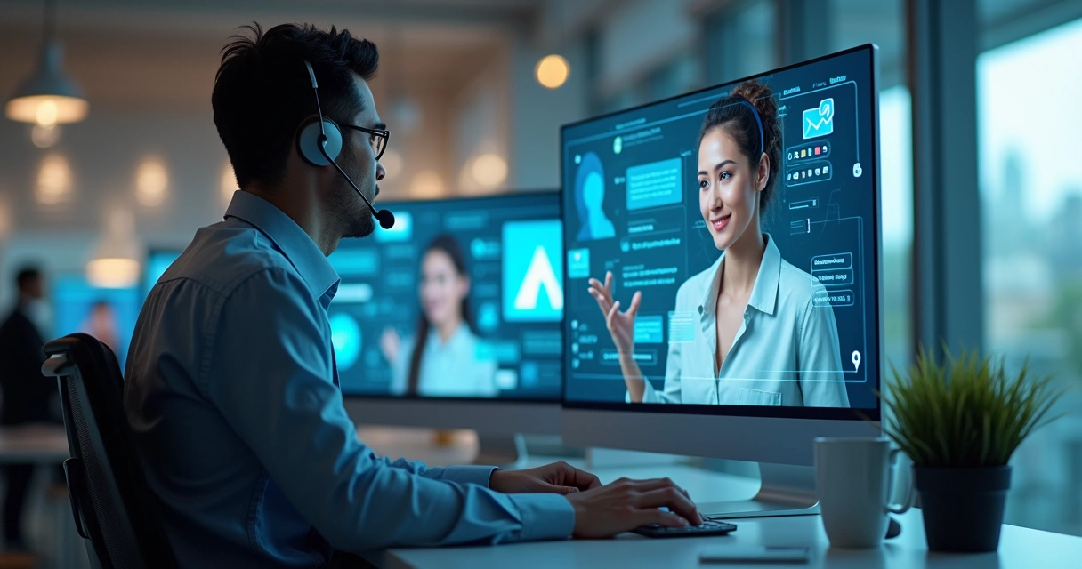 Central de atendimento digital com atendente humano e avatar de IA interagindo com clientes 