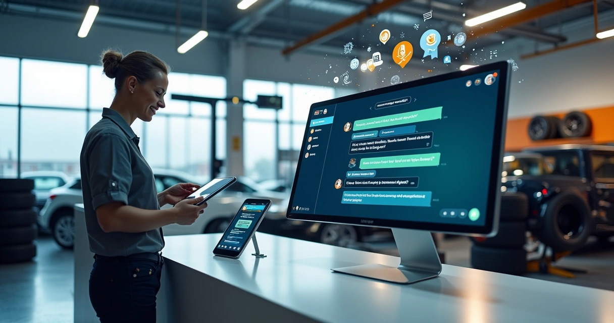 Atendente virtual em tela de computador auxiliando cliente em loja de pneus moderna 
