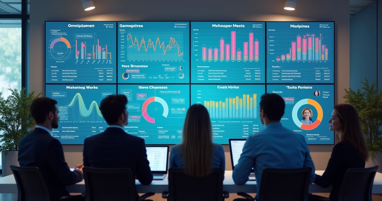 Equipe visualizando relatórios de atendimento IA omnicanal num painel digital 