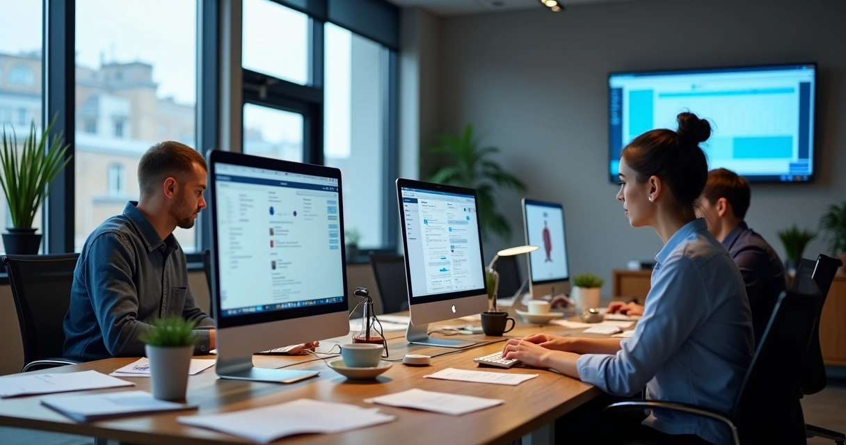 Equipe de atendimento em pequena empresa usando ferramentas de IA no computador. 