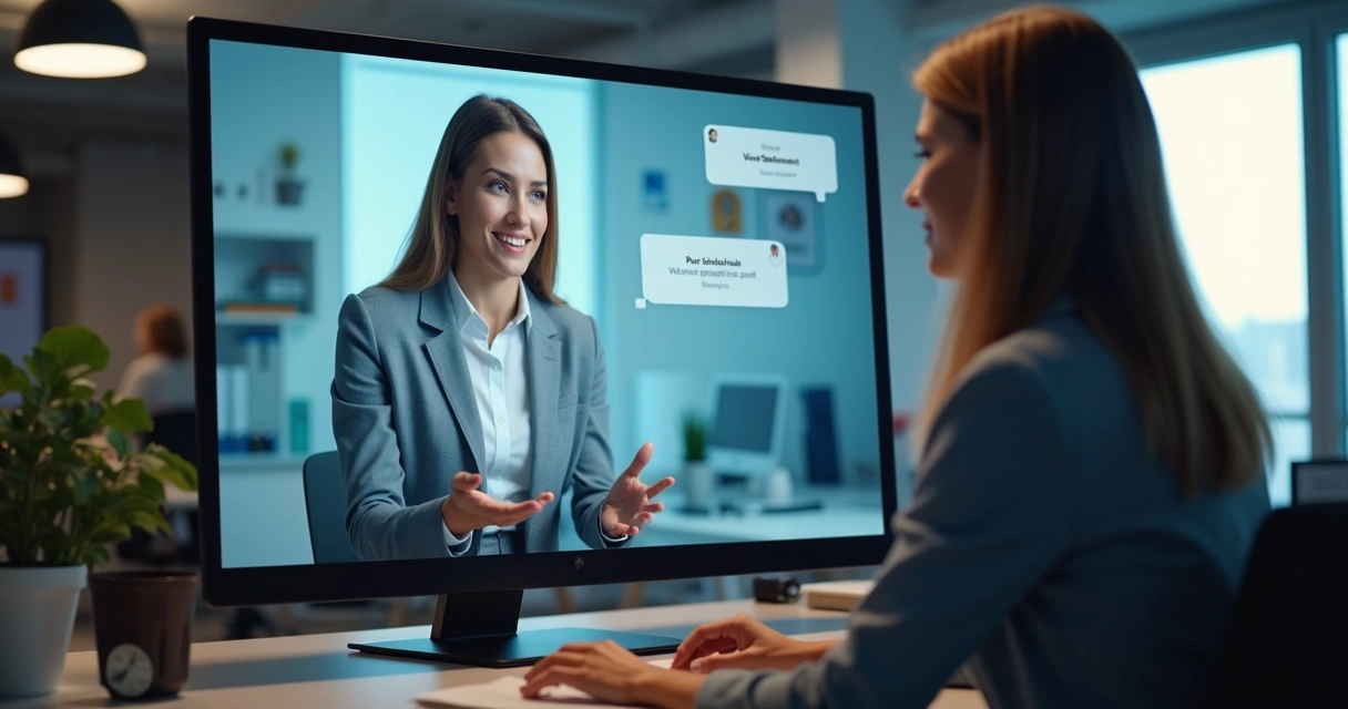 Agente virtual de IA interagindo com cliente via chat em tela grande 