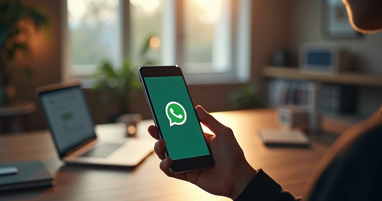 Pessoa usando celular com tela de WhatsApp aberta e chat com IA 