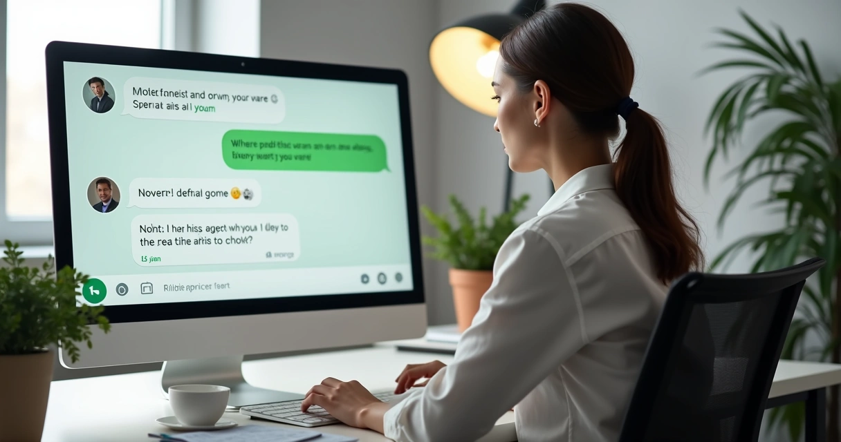 Mulher usando computador, tela exibindo conversa de WhatsApp automatizada por IA