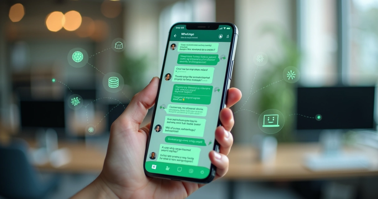 Interface de atendimento via IA no WhatsApp com chatbot respondendo perguntas de clientes em mensagem de texto 