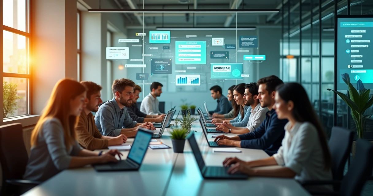 Equipe usando WhatsApp com IA para atendimento automatizado e CRM em escritório moderno 