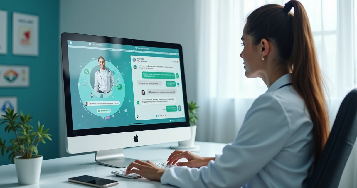 Profissional de saúde utilizando computador com interface de chatbot IA no WhatsApp em clínica moderna