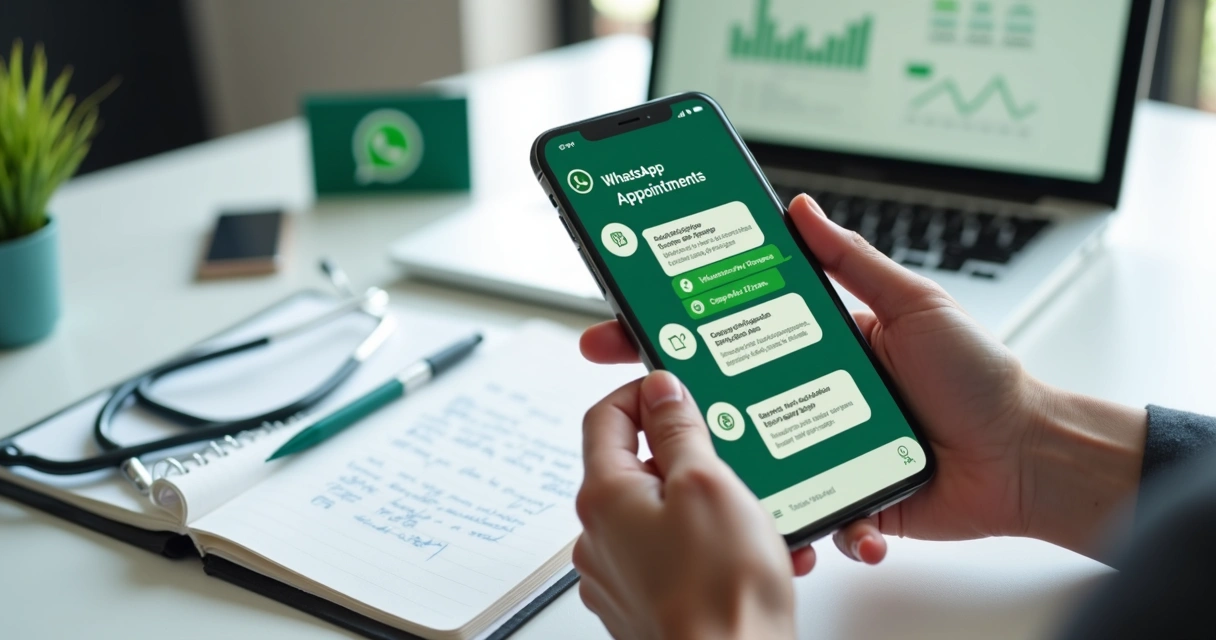 Tela de WhatsApp com chatbot de IA atendendo cliente em ambiente de escritório 