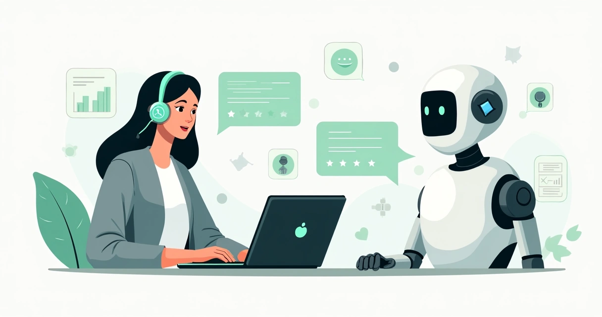 Ilustração de atendimento de suporte com robô e pessoa colaborando em chat de WhatsApp 