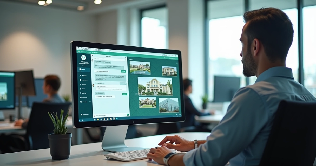 Corretor observando conversa de IA no WhatsApp em tela de computador com interface imobiliária 