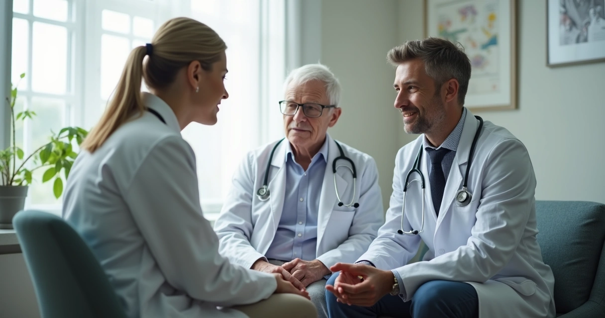 Médicos conversando com paciente idoso em sala de atendimento