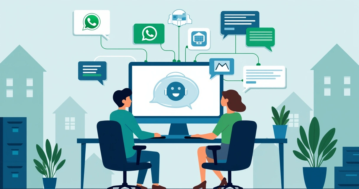 Atendimento de uma imobiliária com telas mostrando WhatsApp, Instagram, site e e-mail, todos interligados com um chatbot 