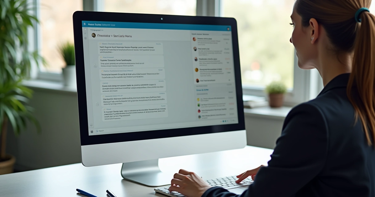 Corretora interagindo com chatbot imobiliário em tela de computador 