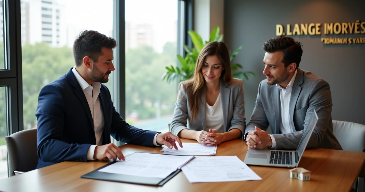 Corretor da D. Lange apresentando contrato a casal em imobiliária moderna 