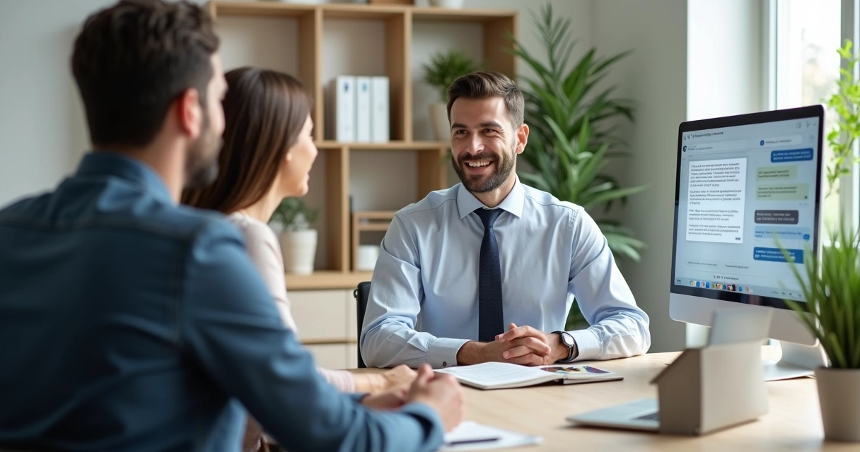 Corretor de imóveis atendendo cliente com assistente virtual em tela ao lado 