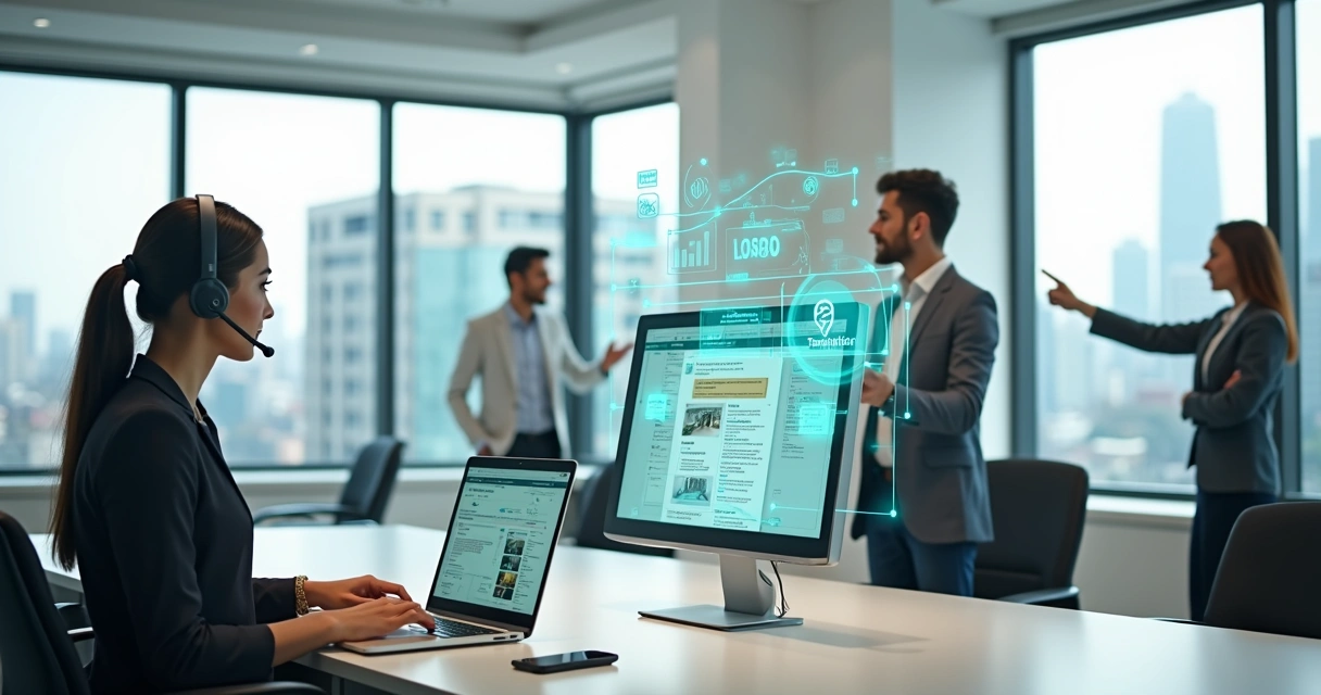 Equipe de atendimento de imobiliária em ambiente moderno atendendo clientes em diferentes canais digitais 