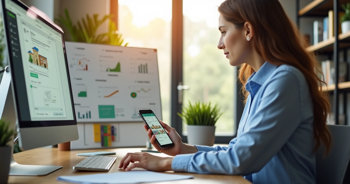 Corretor usando smartphone para atendimento via WhatsApp em escritório de imobiliária moderno 