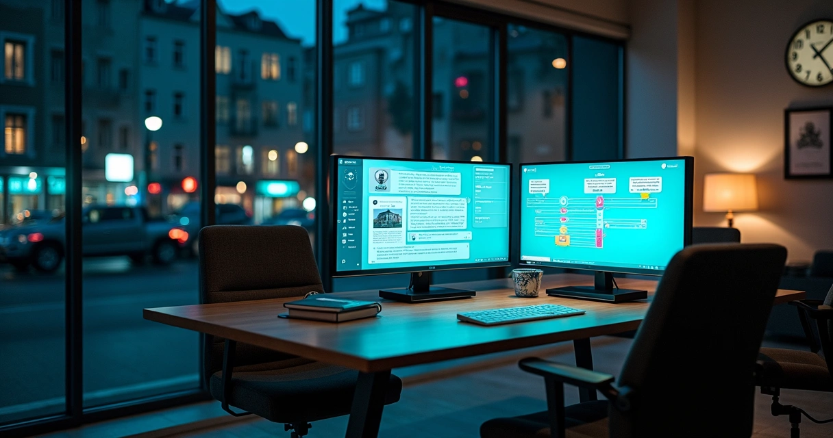 Sala de imobiliária vazia enquanto assistente virtual em monitor atende clientes no fim de semana 