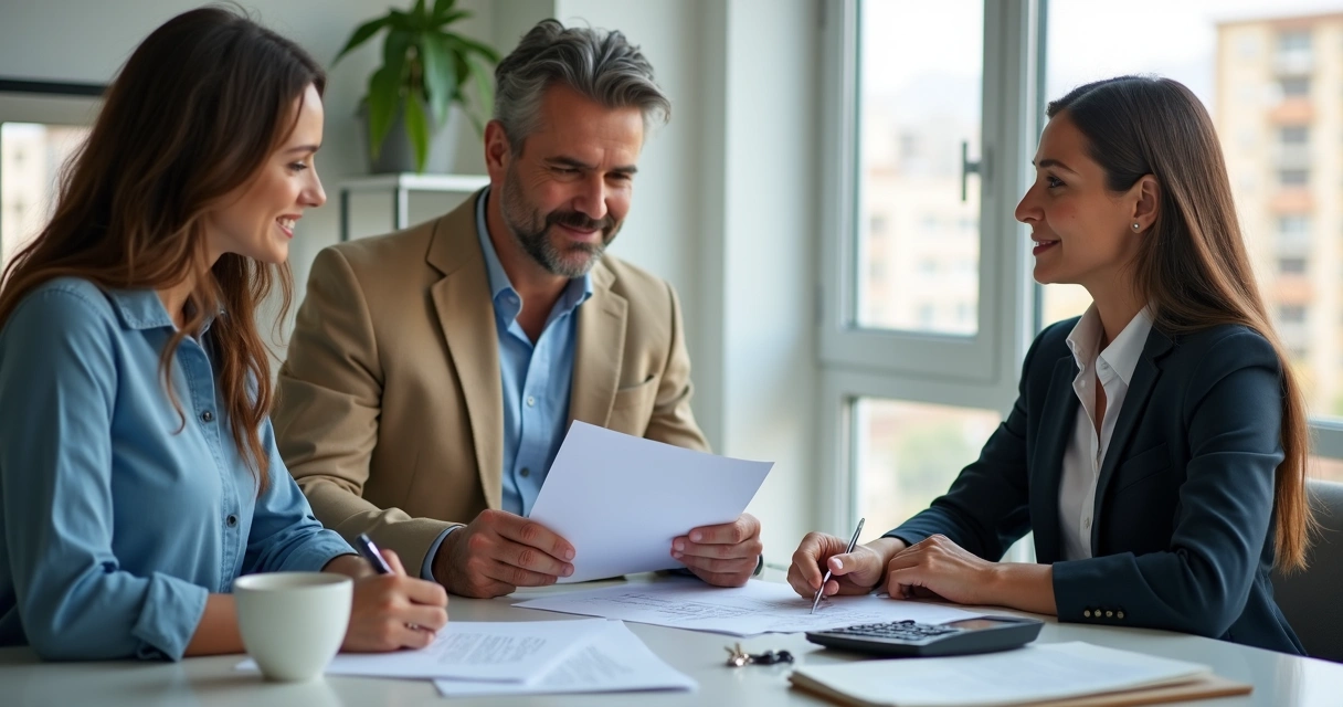 Atendimento imobiliário com casal analisando documentos em escritório 