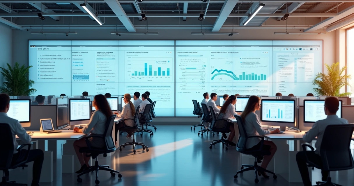 Equipe de atendimento imobiliário analisando painel virtual de respostas de IA 