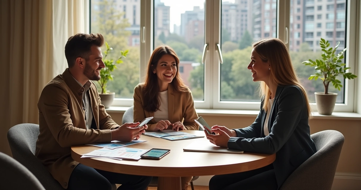 Corretor de imóveis conversando com casal em sala moderna, com tablets e gráficos na mesa