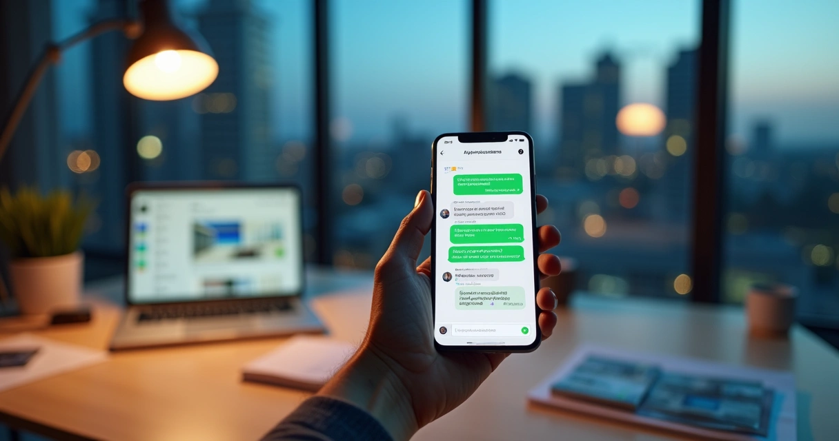 Corretor imobiliário segurando celular com atendimentos via IA no WhatsApp abertos na tela 
