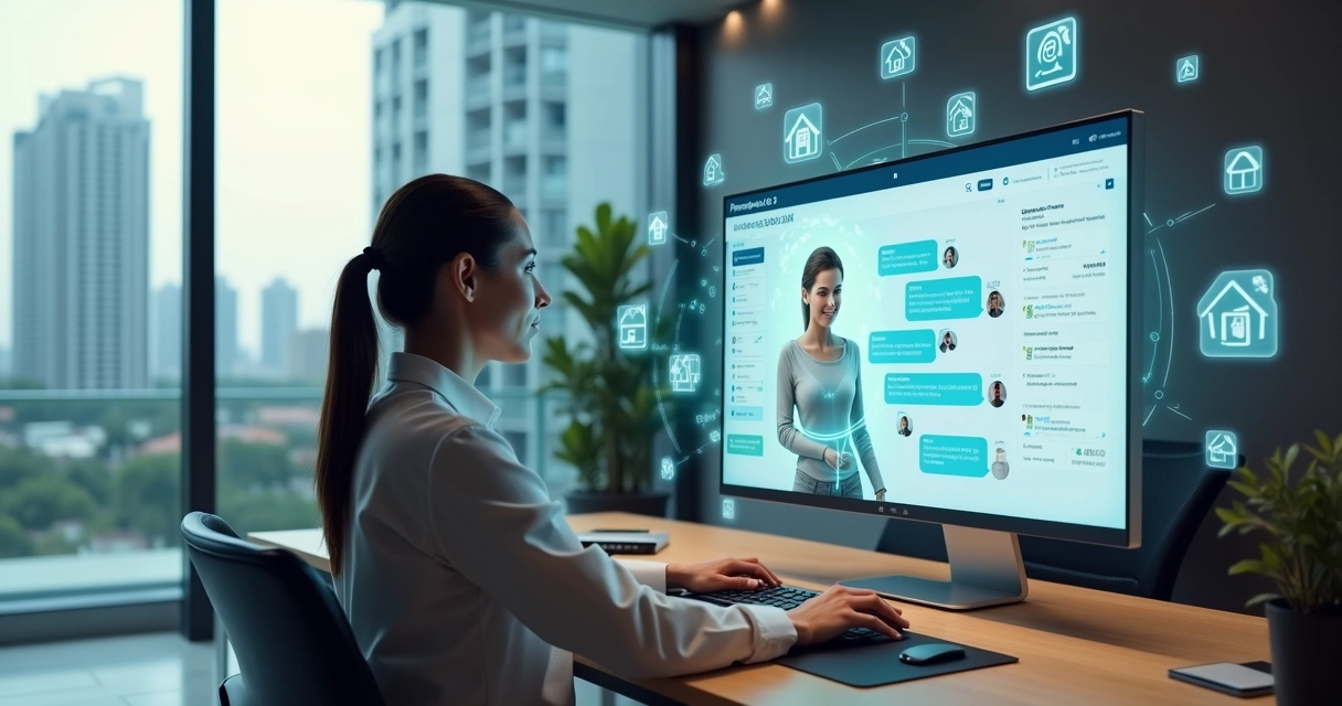Corretora de imóveis usando tela com assistente virtual Penélope AI para atendimento a leads 