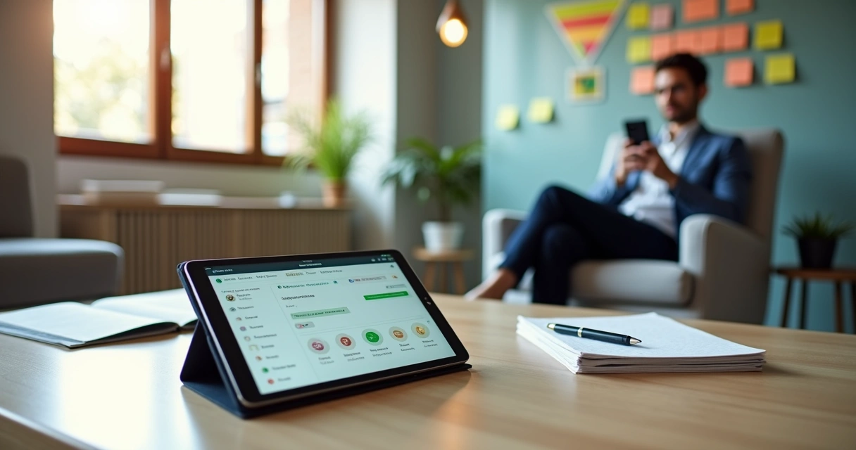 Tablet exibindo CRM imobiliário com dados de clientes ao lado de corretor atendendo por smartphone 