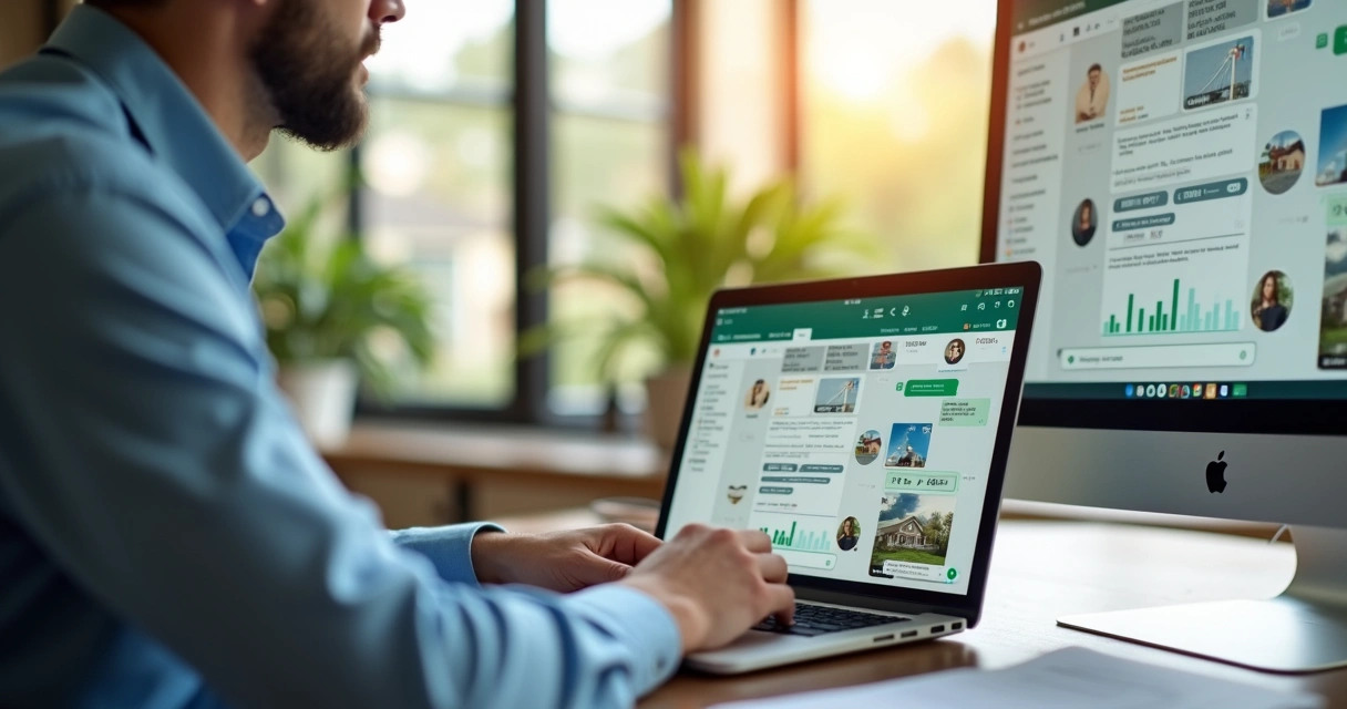 Corretor de imóveis usando notebook e WhatsApp, tela repleta de mensagens e gráficos imobiliários 