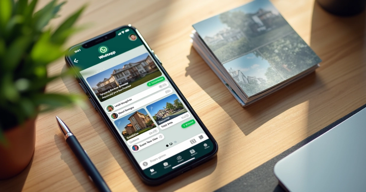Celular exibindo interface de chat do WhatsApp com mensagens automáticas imobiliárias 