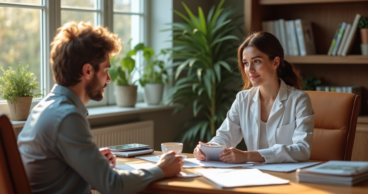 Psicóloga em consulta individual, ouvindo uma jovem paciente em uma sala aconchegante com plantas e luz natural 