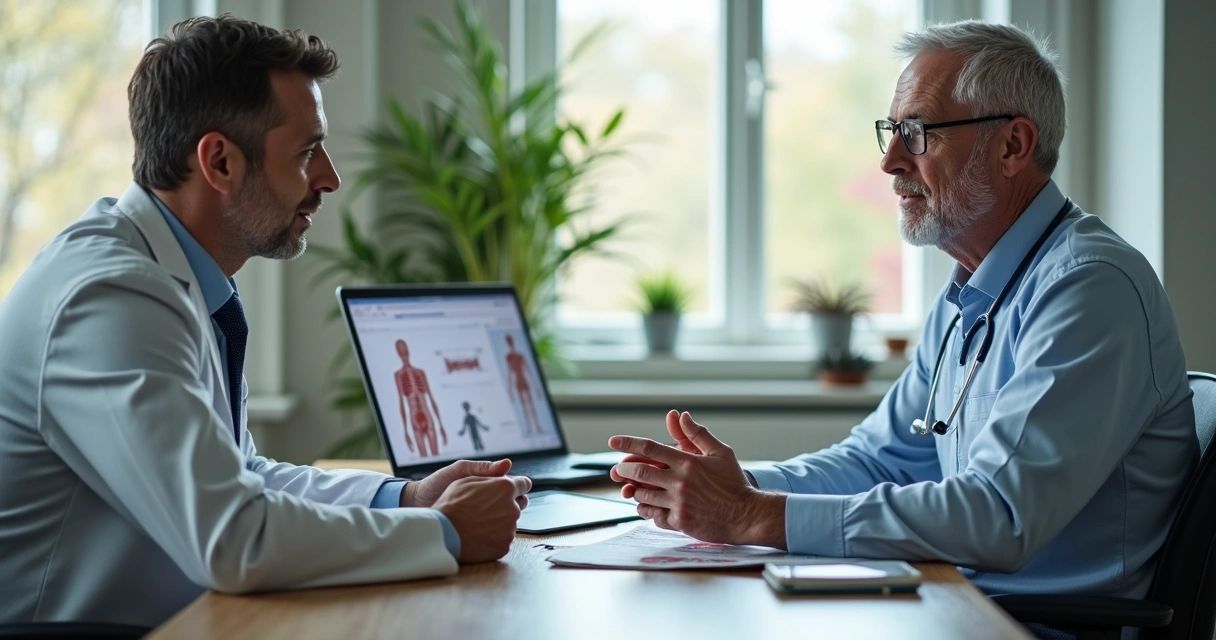Médico andrologista conversando com paciente em mesa, atendendo de forma individualizada. 