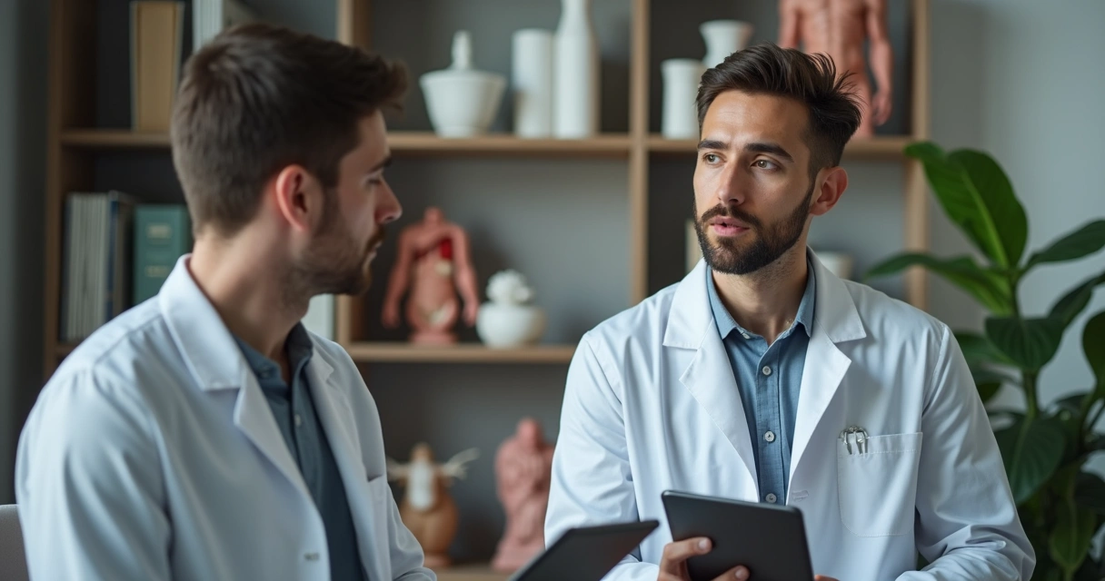 Urologista com paciente jovem em conversa reservada