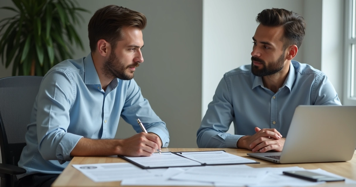Reunião entre consultor financeiro e pequeno empresário, discutindo papelada e contrato 