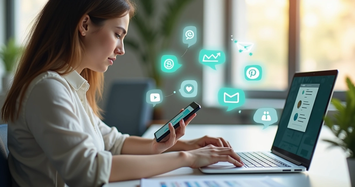 Pessoa jovem usando smartphone e computador ao mesmo tempo, conversando em diferentes canais de atendimento 
