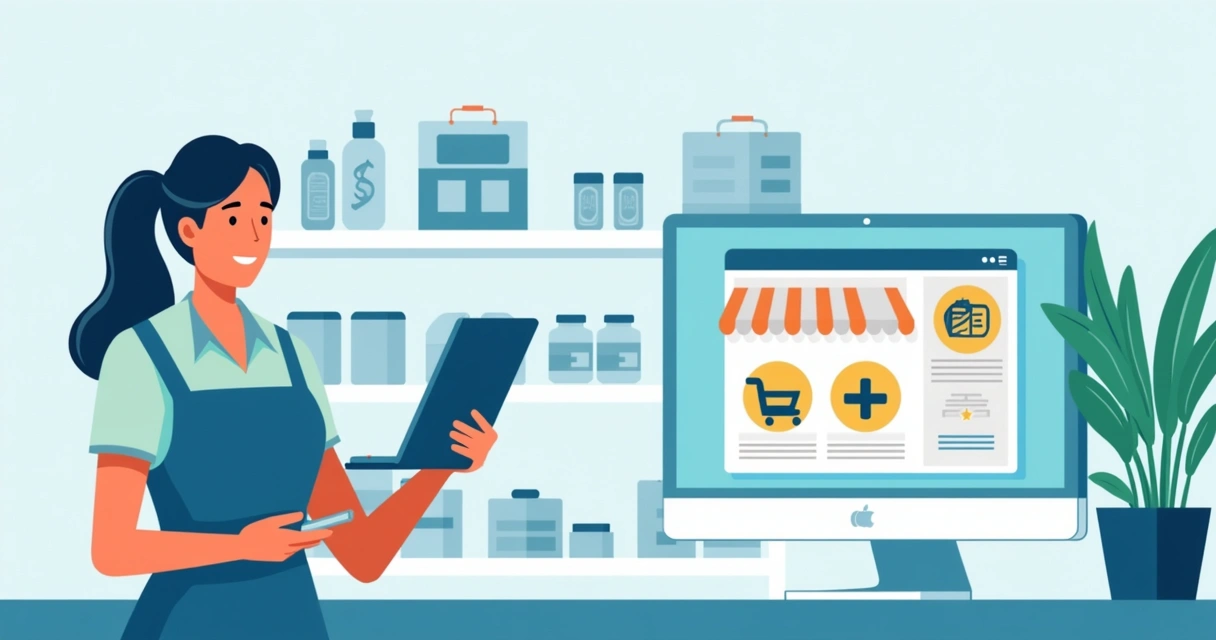 Atendente com tablet entre produtos e computador de e-commerce 
