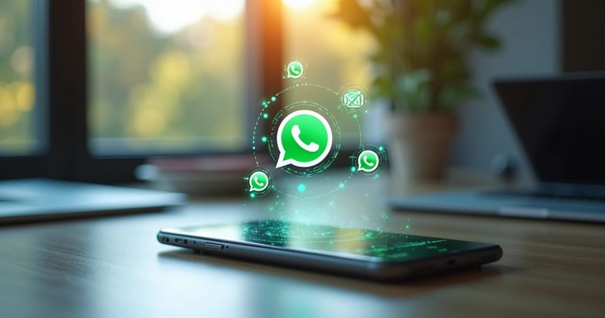 Mesa de escritório com um smartphone mostrando conversa de chatbot no WhatsApp com ícones de inteligência artificial e notificações de mensagens automáticas ao redor 