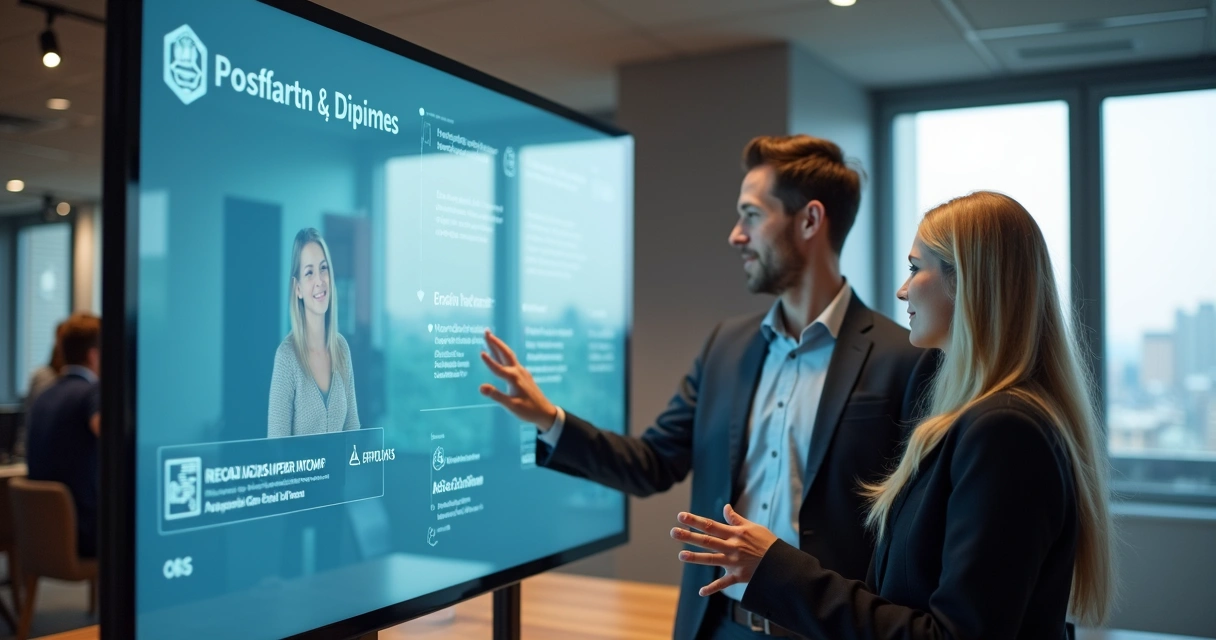 Cliente recebendo atendimento digital personalizado em ambiente de escritório 