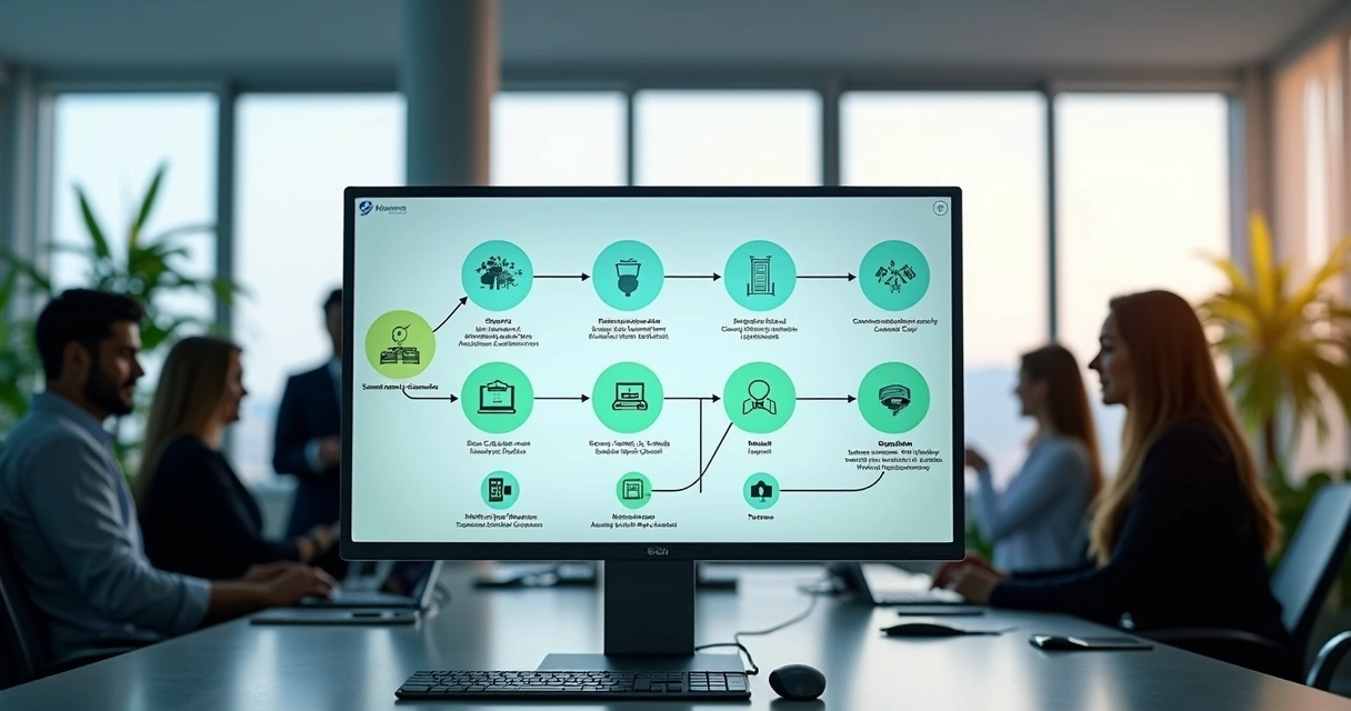 Tela de computador com fluxo de atendimento condominial automatizado e centralizado 