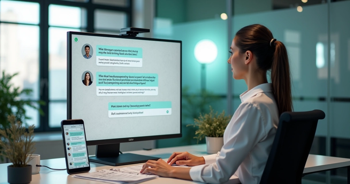 Corretor de imóveis utilizando computador e WhatsApp para atendimento automatizado 