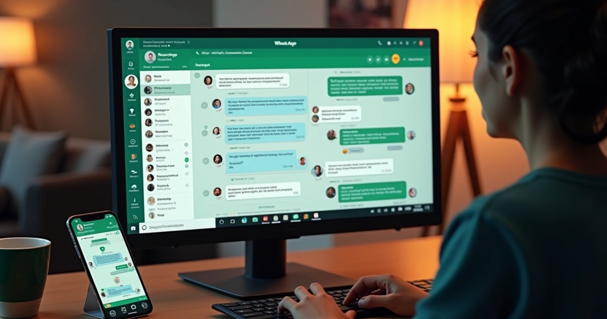 Assistente virtual atendendo múltiplos clientes no WhatsApp, painel de chat moderno, contatos organizados em listas coloridas 