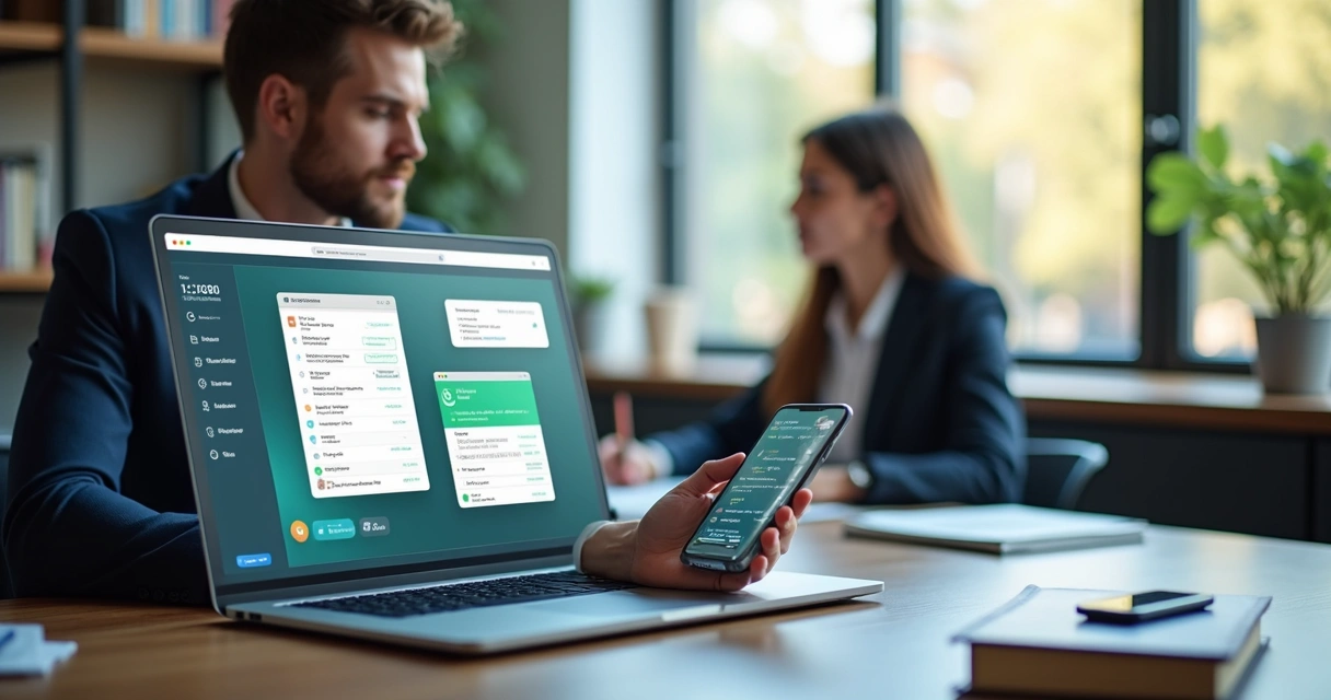 Advogado usando plataforma digital integrada ao WhatsApp para atendimento jurídico automatizado em escritório moderno 