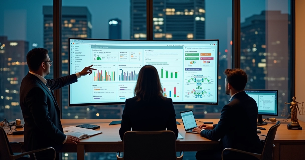 Painel digital exibindo atendimento jurídico integrado por WhatsApp e IA em escritório de advocacia 