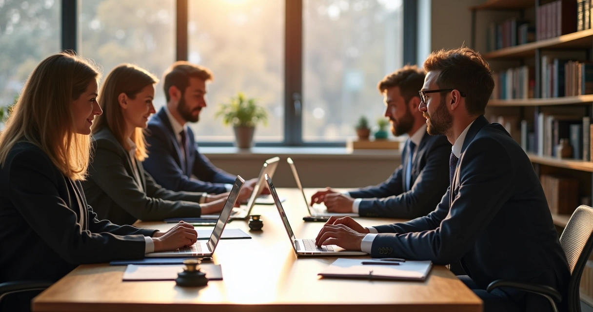 Equipe jurídica atendendo clientes em escritório moderno com computadores e documentos organizados 