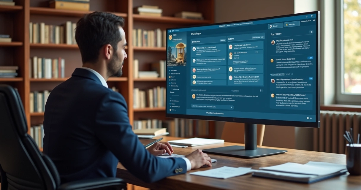 Advogado interagindo com assistente virtual em mesa de escritório jurídico 