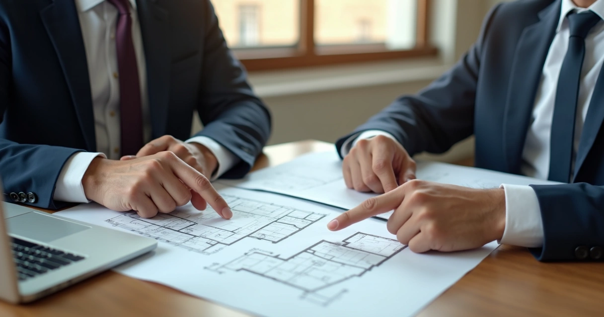 Atendimento jurídico com planta de imóvel